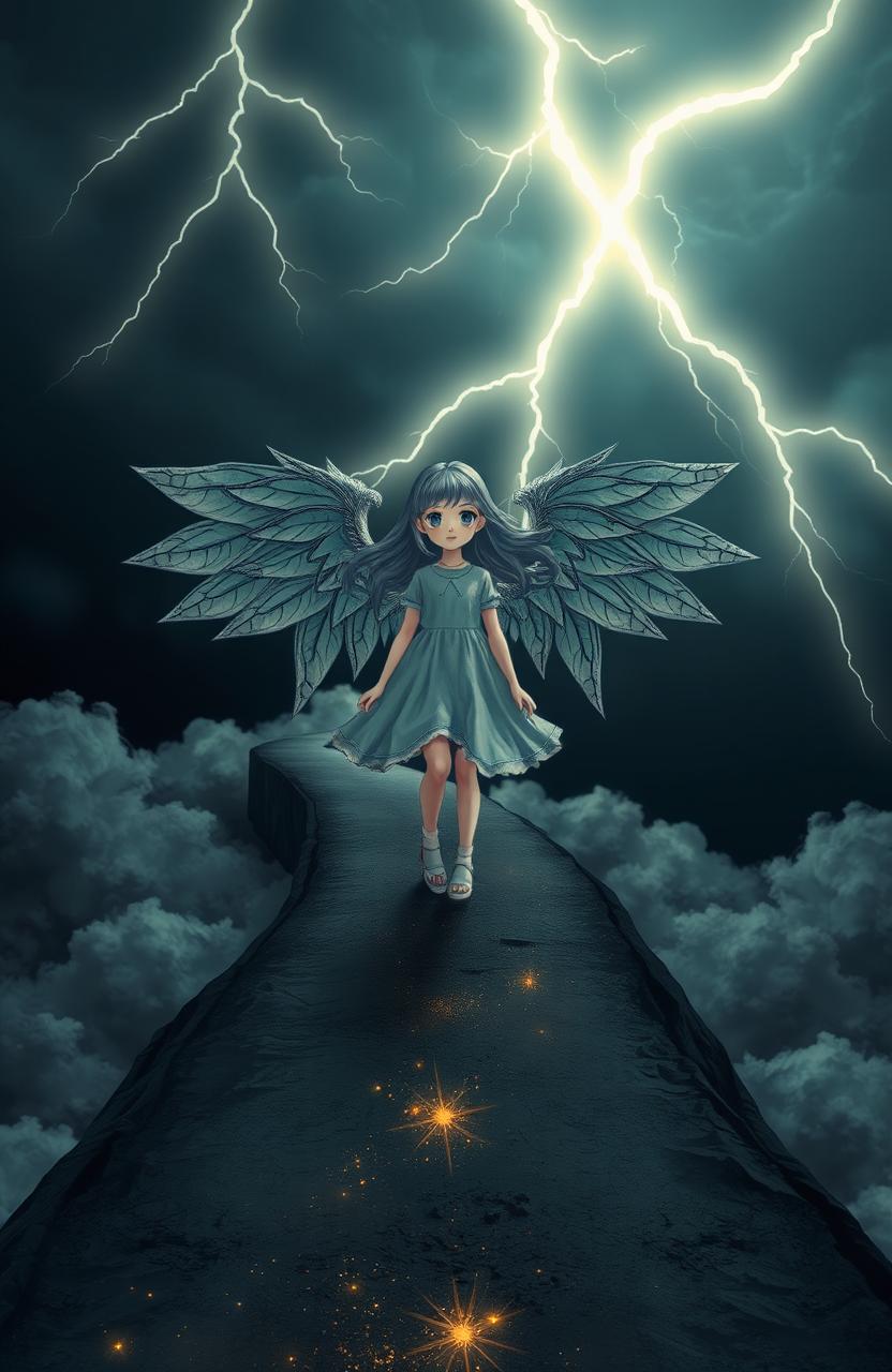 A girl with beautiful, intricate wings stands alone on a dark, winding road that ascends above soft, fluffy clouds