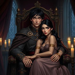 A dark-haired medieval prince with messy hair and striking golden eyes sitting regally in an ornate chair