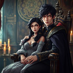 A dark-haired medieval prince with messy hair and striking golden eyes sitting regally in an ornate chair