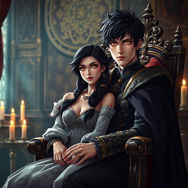 A dark-haired medieval prince with messy hair and striking golden eyes sitting regally in an ornate chair