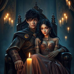 A dark-haired medieval prince with messy hair and striking golden eyes sitting regally in an ornate chair