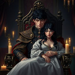 A dark-haired medieval prince with messy hair and striking golden eyes sitting regally in an ornate chair