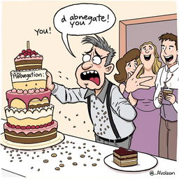 A humorous cartoon scene depicting a person at a dessert buffet dramatically pushing away a towering cake with the label 'Abnegation Cake' on it