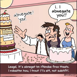 A humorous cartoon scene depicting a person at a dessert buffet dramatically pushing away a towering cake with the label 'Abnegation Cake' on it