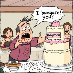 A humorous cartoon scene depicting a person at a dessert buffet dramatically pushing away a towering cake with the label 'Abnegation Cake' on it