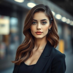 an elegant portrait of a stylish young woman with perfectly tidy, wavy brunette hair, looking confidently at the camera, wearing a chic outfit, soft natural makeup highlighting her features, set against a blurred urban background that adds a modern touch without distracting from her, the lighting is soft and flattering, creating a polished and sophisticated atmosphere