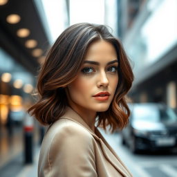 an elegant portrait of a stylish young woman with perfectly tidy, wavy brunette hair, looking confidently at the camera, wearing a chic outfit, soft natural makeup highlighting her features, set against a blurred urban background that adds a modern touch without distracting from her, the lighting is soft and flattering, creating a polished and sophisticated atmosphere