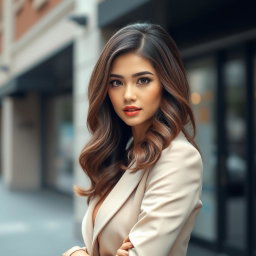 an elegant portrait of a stylish young woman with perfectly tidy, wavy brunette hair, looking confidently at the camera, wearing a chic outfit, soft natural makeup highlighting her features, set against a blurred urban background that adds a modern touch without distracting from her, the lighting is soft and flattering, creating a polished and sophisticated atmosphere