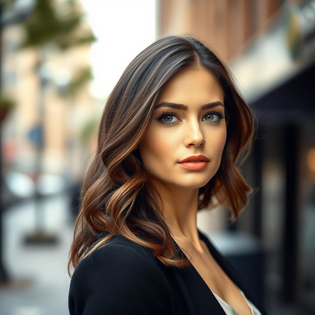 an elegant portrait of a stylish young woman with perfectly tidy, wavy brunette hair, looking confidently at the camera, wearing a chic outfit, soft natural makeup highlighting her features, set against a blurred urban background that adds a modern touch without distracting from her, the lighting is soft and flattering, creating a polished and sophisticated atmosphere