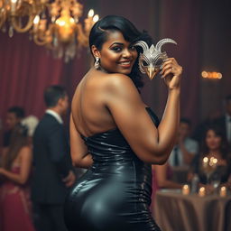 A striking tall and curvy woman with a mixed complexion at a masquerade ball, radiating elegance and confidence
