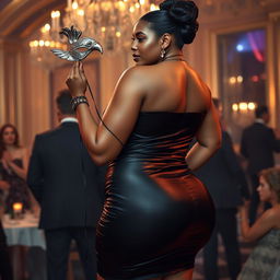 A tall and slim thick woman with a mixed complexion appears graceful at a masquerade