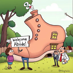 A humorous cartoon scene showcasing a quirky, oversized house shaped like a giant shoe, with a smiling character standing outside holding a 'Welcome to My Abode!' sign