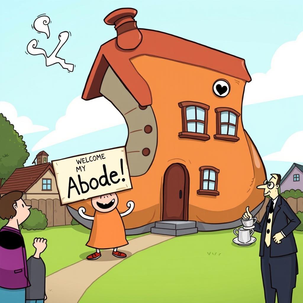 A humorous cartoon scene showcasing a quirky, oversized house shaped like a giant shoe, with a smiling character standing outside holding a 'Welcome to My Abode!' sign