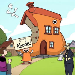 A humorous cartoon scene showcasing a quirky, oversized house shaped like a giant shoe, with a smiling character standing outside holding a 'Welcome to My Abode!' sign