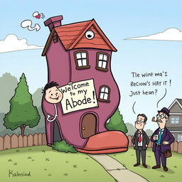 A humorous cartoon scene showcasing a quirky, oversized house shaped like a giant shoe, with a smiling character standing outside holding a 'Welcome to My Abode!' sign