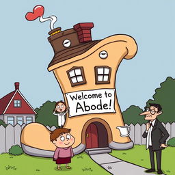 A humorous cartoon scene showcasing a quirky, oversized house shaped like a giant shoe, with a smiling character standing outside holding a 'Welcome to My Abode!' sign