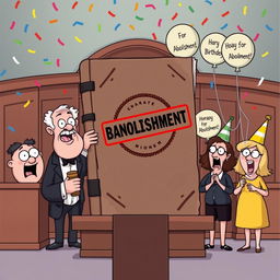A humorous cartoon scene showing a group of quirky characters in a whimsical courtroom setting, dramatically 'abolishing' an oversized, outdated law book with a huge 'Banishment' stamp