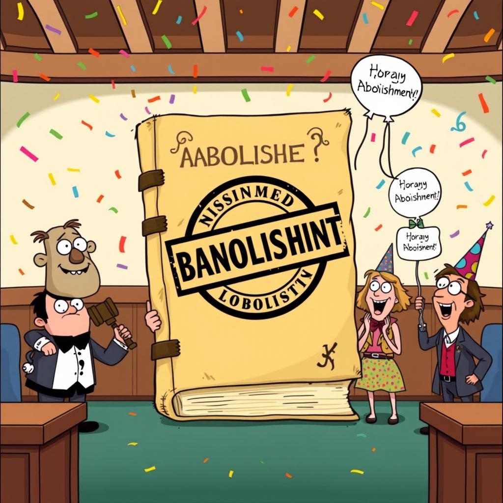 A humorous cartoon scene showing a group of quirky characters in a whimsical courtroom setting, dramatically 'abolishing' an oversized, outdated law book with a huge 'Banishment' stamp