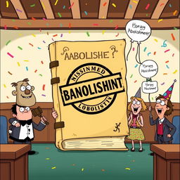 A humorous cartoon scene showing a group of quirky characters in a whimsical courtroom setting, dramatically 'abolishing' an oversized, outdated law book with a huge 'Banishment' stamp