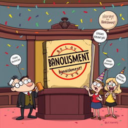 A humorous cartoon scene showing a group of quirky characters in a whimsical courtroom setting, dramatically 'abolishing' an oversized, outdated law book with a huge 'Banishment' stamp