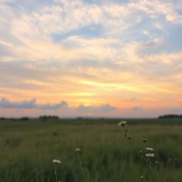 A serene landscape featuring a vast sky filled with soft, fluffy clouds drifting gracefully across the horizon