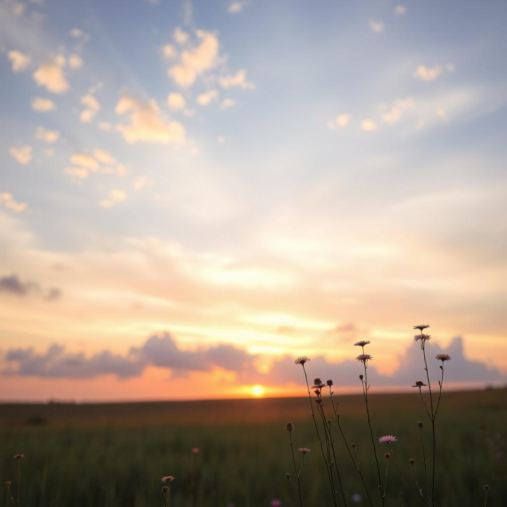 A serene landscape featuring a vast sky filled with soft, fluffy clouds drifting gracefully across the horizon