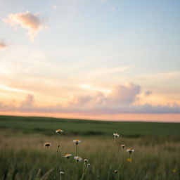 A serene landscape featuring a vast sky filled with soft, fluffy clouds drifting gracefully across the horizon