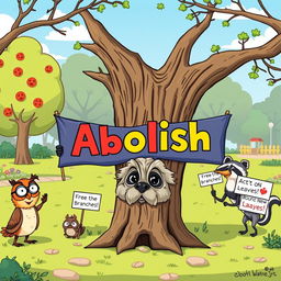 A humorous cartoon image showing a whimsical scene in a colorful park where a group of funny-looking animals, like a wise owl wearing glasses and a goofy raccoon dressed as a lawyer, are holding a giant, colorful 'Abolish' banner