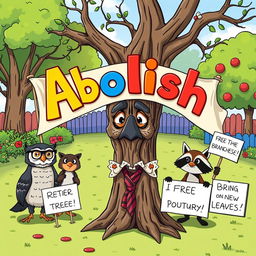 A humorous cartoon image showing a whimsical scene in a colorful park where a group of funny-looking animals, like a wise owl wearing glasses and a goofy raccoon dressed as a lawyer, are holding a giant, colorful 'Abolish' banner