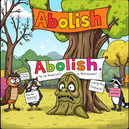 A humorous cartoon image showing a whimsical scene in a colorful park where a group of funny-looking animals, like a wise owl wearing glasses and a goofy raccoon dressed as a lawyer, are holding a giant, colorful 'Abolish' banner