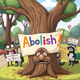 A humorous cartoon image showing a whimsical scene in a colorful park where a group of funny-looking animals, like a wise owl wearing glasses and a goofy raccoon dressed as a lawyer, are holding a giant, colorful 'Abolish' banner