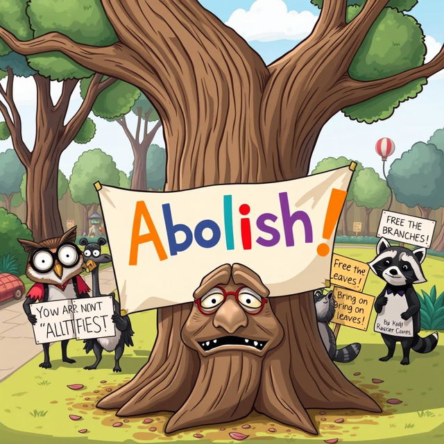 A humorous cartoon image showing a whimsical scene in a colorful park where a group of funny-looking animals, like a wise owl wearing glasses and a goofy raccoon dressed as a lawyer, are holding a giant, colorful 'Abolish' banner