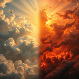 A dramatic scene depicting both heaven and hell, showcasing a vibrant contrast between the two realms