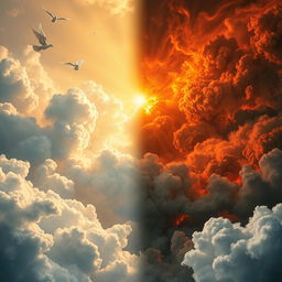 A dramatic scene depicting both heaven and hell, showcasing a vibrant contrast between the two realms
