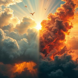 A dramatic scene depicting both heaven and hell, showcasing a vibrant contrast between the two realms