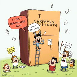 A humorous cartoon scene depicting a comically oversized dictionary standing tall, with a tiny, frustrated character trying to climb it while holding a giant pair of scissors