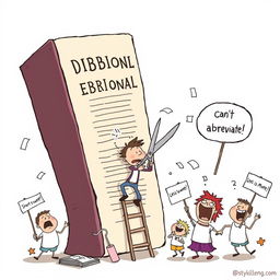 A humorous cartoon scene depicting a comically oversized dictionary standing tall, with a tiny, frustrated character trying to climb it while holding a giant pair of scissors
