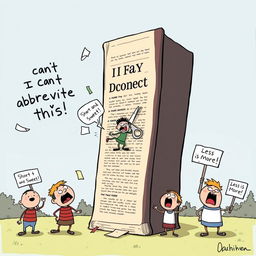A humorous cartoon scene depicting a comically oversized dictionary standing tall, with a tiny, frustrated character trying to climb it while holding a giant pair of scissors
