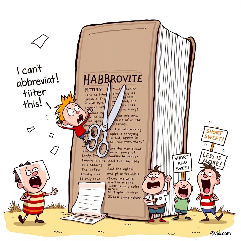 A humorous cartoon scene depicting a comically oversized dictionary standing tall, with a tiny, frustrated character trying to climb it while holding a giant pair of scissors