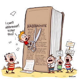A humorous cartoon scene depicting a comically oversized dictionary standing tall, with a tiny, frustrated character trying to climb it while holding a giant pair of scissors