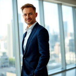 A stunning professional photograph of a business executive, wearing a tailored navy blue suit and a crisp white shirt, confidently standing in a modern office environment
