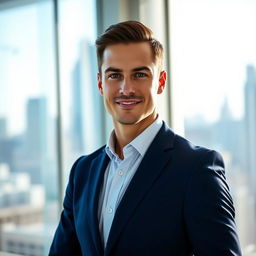 A stunning professional photograph of a business executive, wearing a tailored navy blue suit and a crisp white shirt, confidently standing in a modern office environment