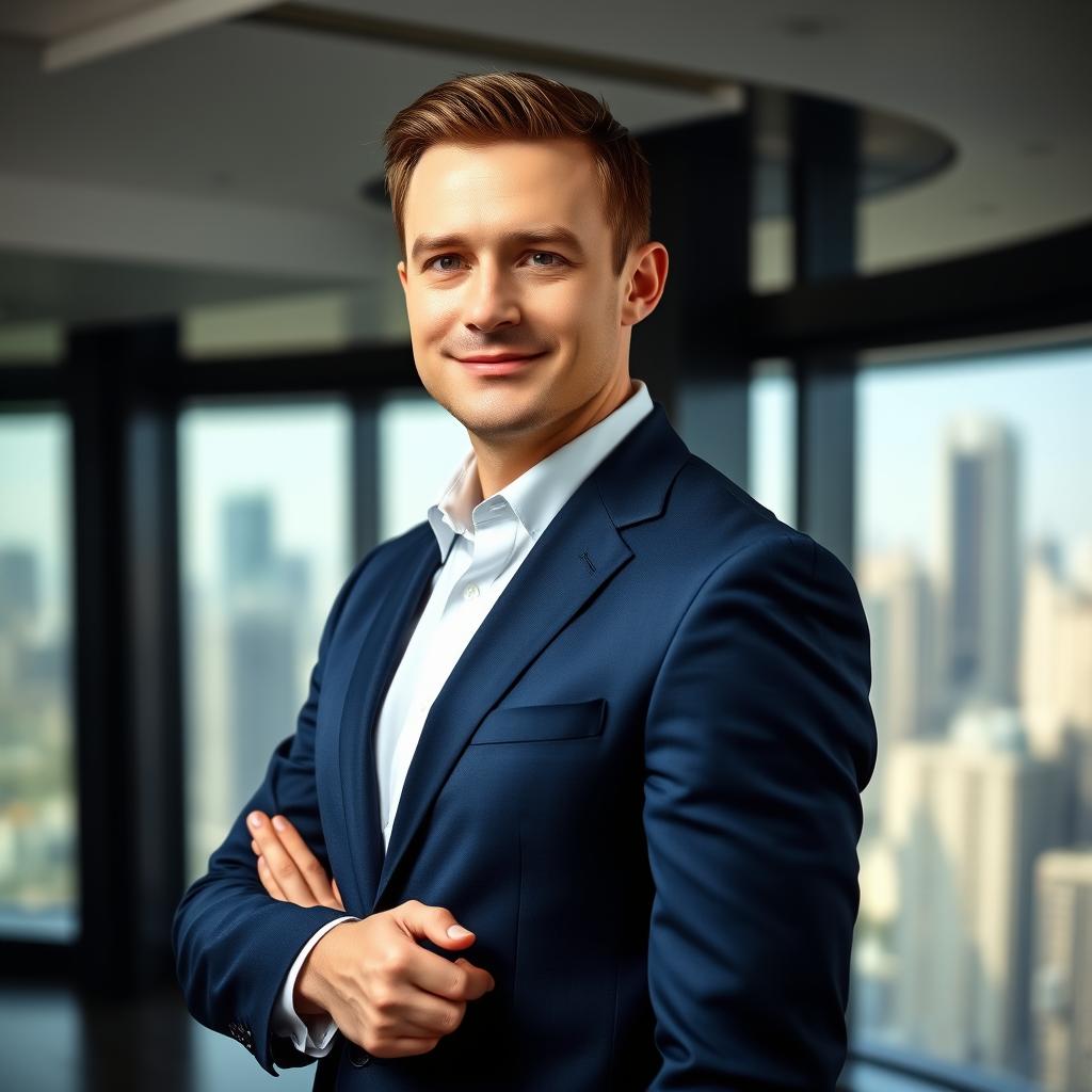 A stunning professional photograph of a business executive, wearing a tailored navy blue suit and a crisp white shirt, confidently standing in a modern office environment