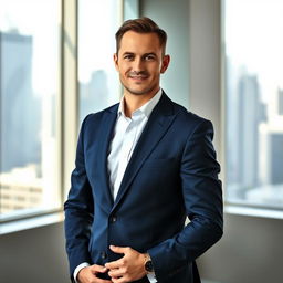 A stunning professional photograph of a business executive, wearing a tailored navy blue suit and a crisp white shirt, confidently standing in a modern office environment