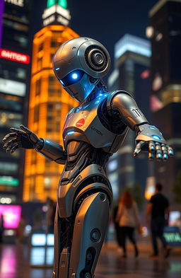A futuristic robot with sleek metallic features, showcasing intricate circuitry and glowing LED lights