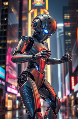 A futuristic robot with sleek metallic features, showcasing intricate circuitry and glowing LED lights