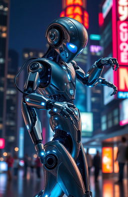 A futuristic robot with sleek metallic features, showcasing intricate circuitry and glowing LED lights