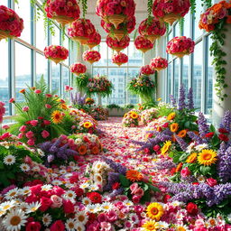 A beautifully arranged indoor space filled with vibrant flower decorations