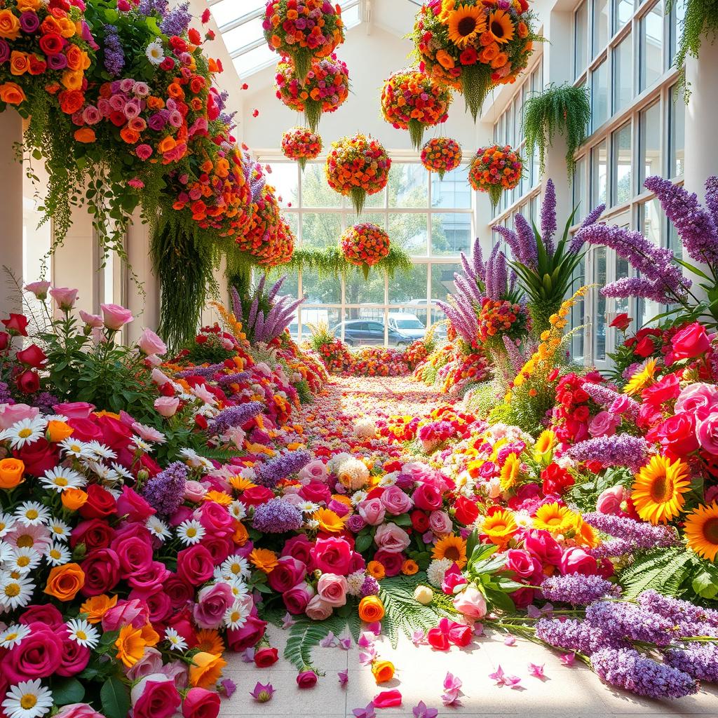 A beautifully arranged indoor space filled with vibrant flower decorations