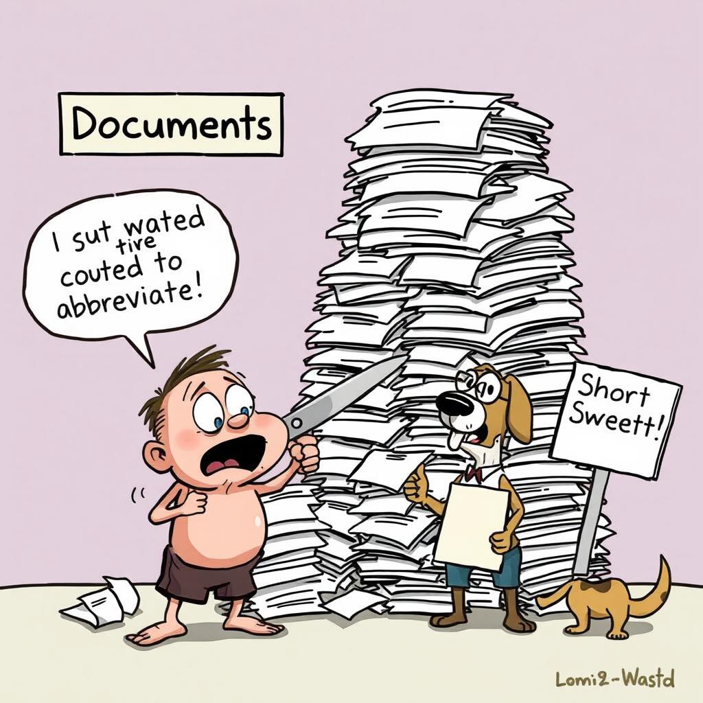 A funny cartoon depicting a clumsy little character standing beside an enormous, overflowing pile of papers labeled 'Documents'